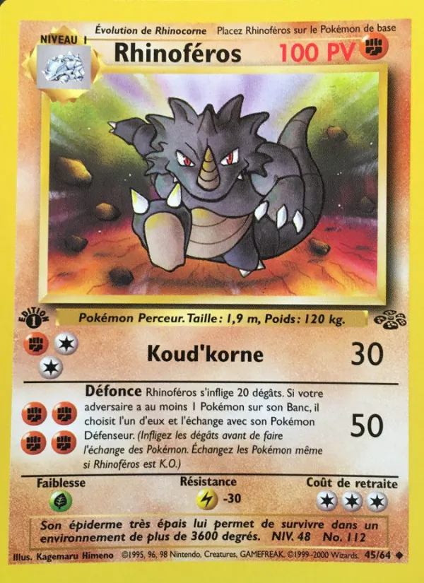 Carte Pokémon Rhinoféros 45/64 de l'extension Jungle