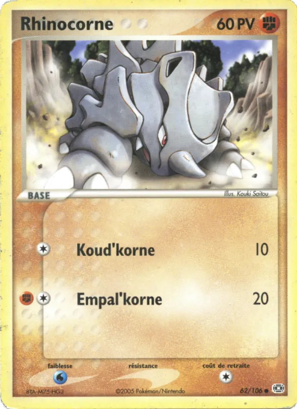 Carte Pokémon Rhinocorne 62/106 de l'extension EX Émeraude