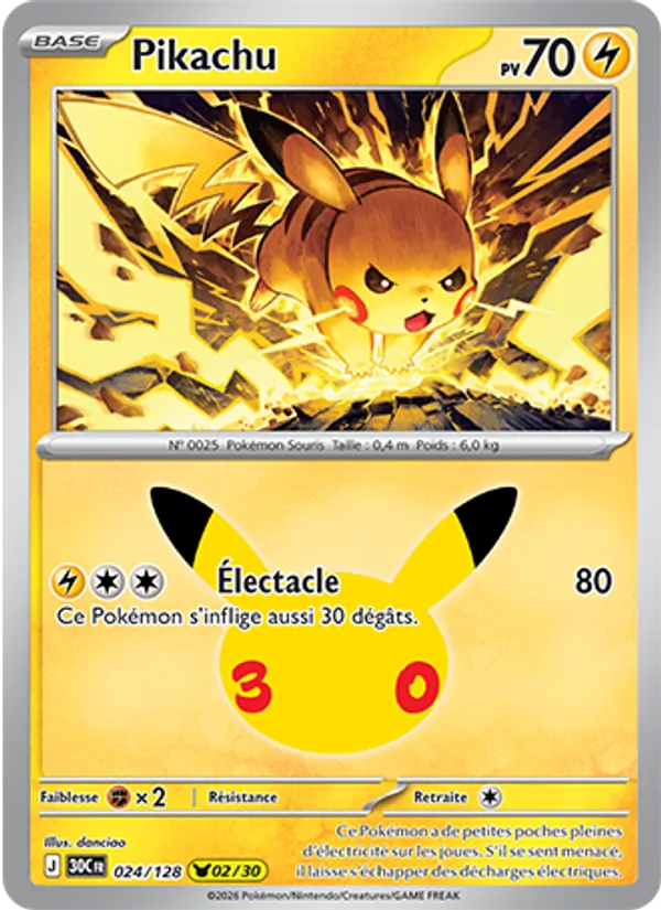 Carte Pokémon Pikachu 024/128 de l'extension 30ᵉ Anniversaire