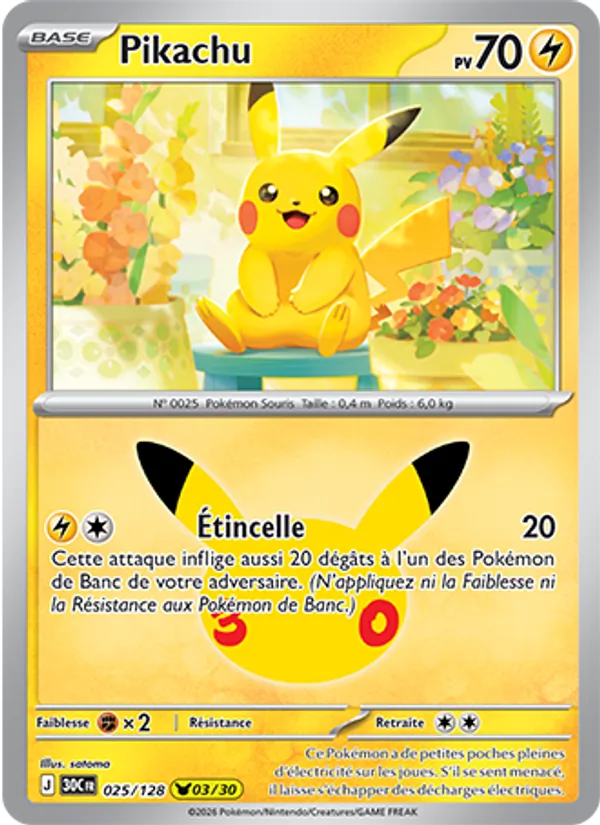 Carte Pokémon Pikachu 025/128 de l'extension 30ᵉ Anniversaire