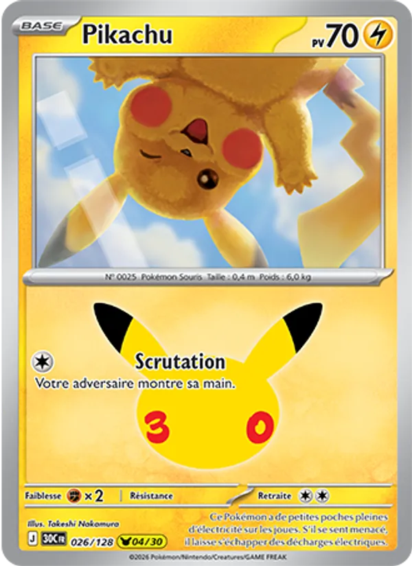 Carte Pokémon Pikachu 026/128 de l'extension 30ᵉ Anniversaire