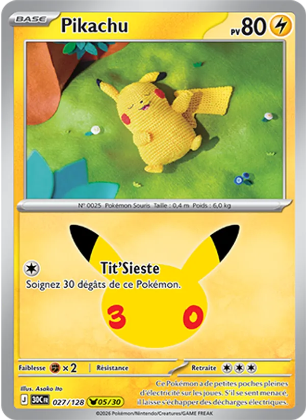 Carte Pokémon Pikachu 027/128 de l'extension 30ᵉ Anniversaire