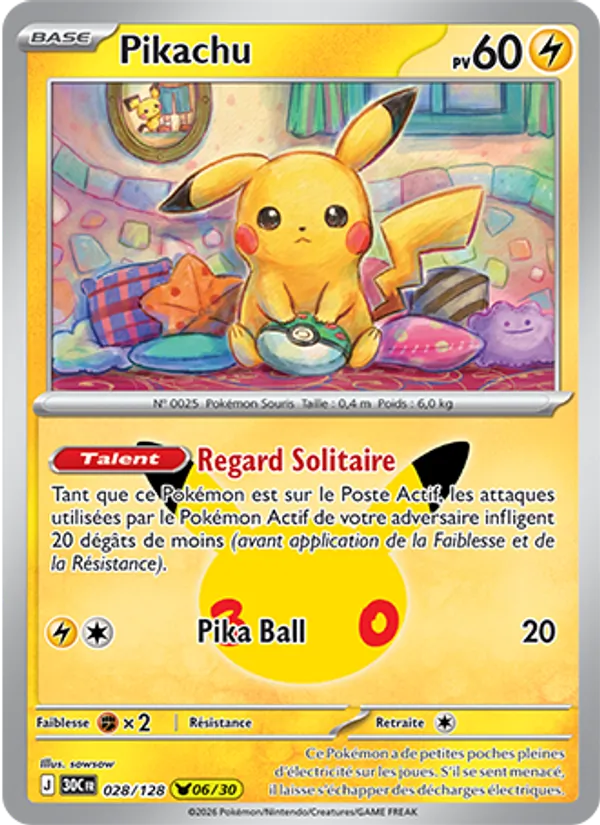 Carte Pokémon Pikachu 028/128 de l'extension 30ᵉ Anniversaire