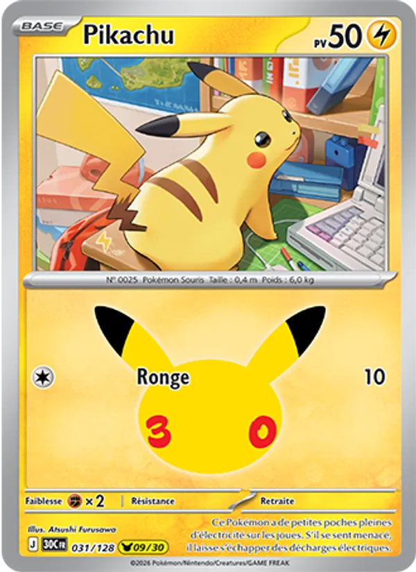 Carte Pokémon Pikachu 031/128 de l'extension 30ᵉ Anniversaire