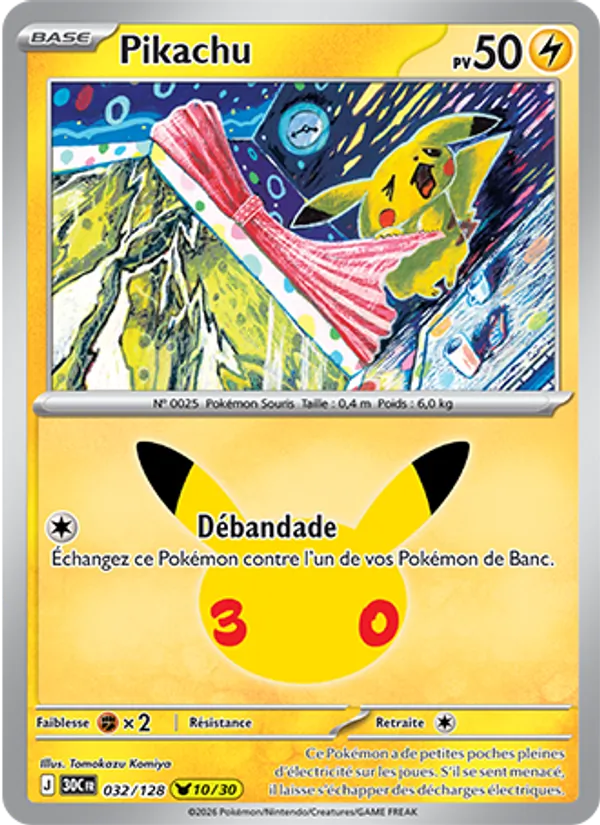 Carte Pokémon Pikachu 032/128 de l'extension 30ᵉ Anniversaire