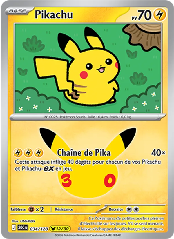 Carte Pokémon Pikachu 034/128 de l'extension 30ᵉ Anniversaire