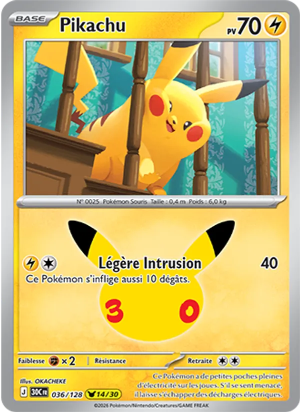 Carte Pokémon Pikachu 036/128 de l'extension 30ᵉ Anniversaire