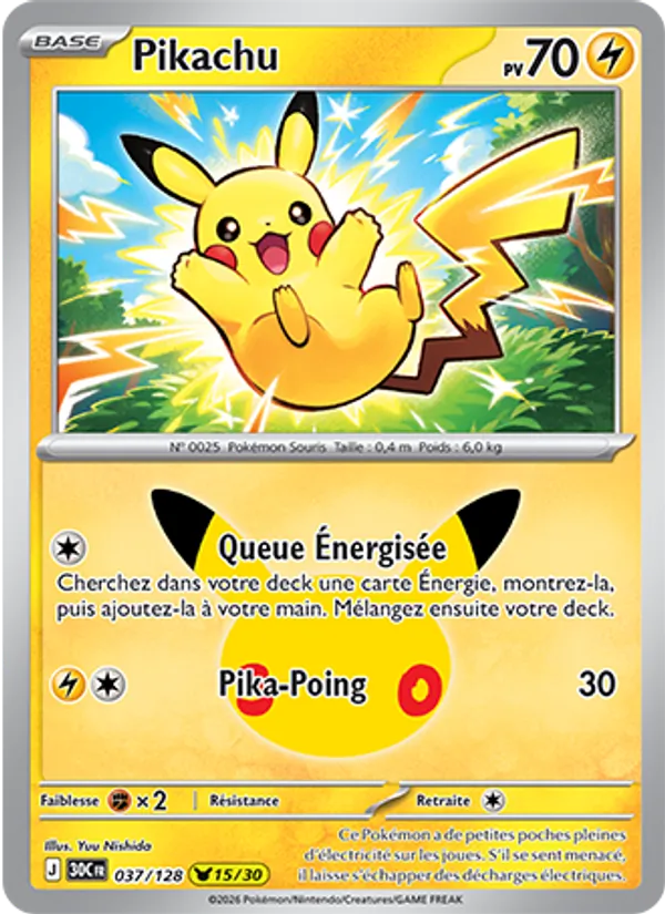 Carte Pokémon Pikachu 037/128 de l'extension 30ᵉ Anniversaire
