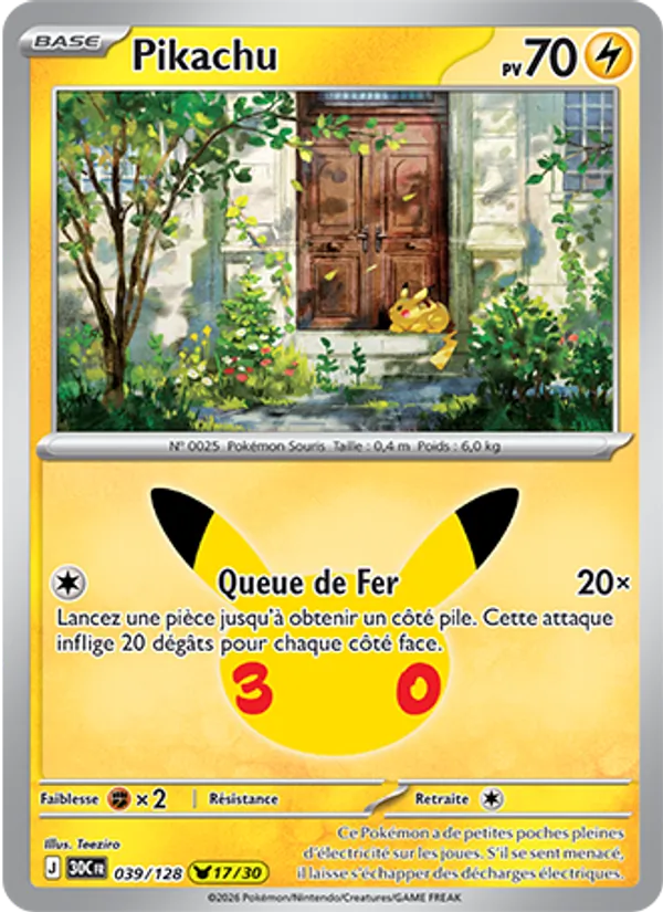 Carte Pokémon Pikachu 039/128 de l'extension 30ᵉ Anniversaire