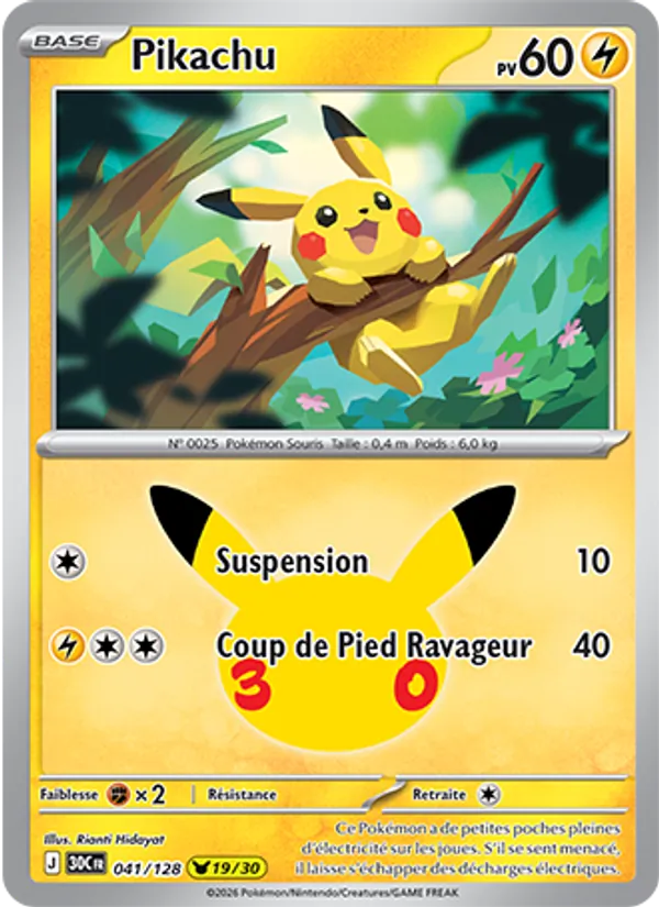 Carte Pokémon Pikachu 041/128 de l'extension 30ᵉ Anniversaire