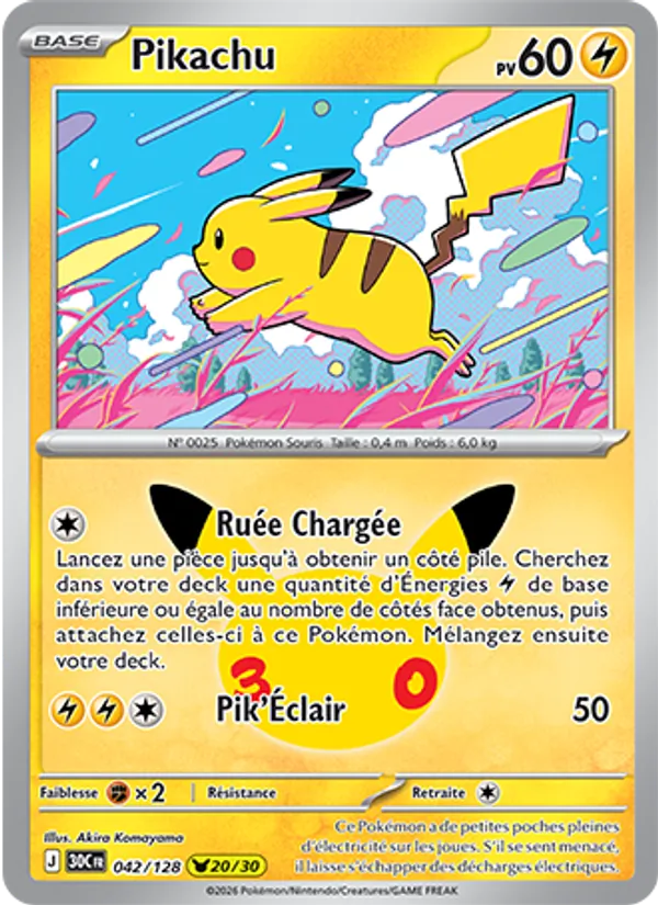 Carte Pokémon Pikachu 042/128 de l'extension 30ᵉ Anniversaire