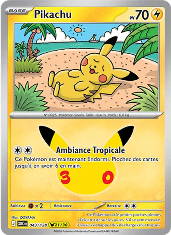 Carte Pokémon Pikachu 043/128 de l'extension 30ᵉ Anniversaire