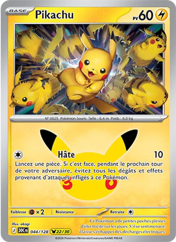 Carte Pokémon Pikachu 044/128 de l'extension 30ᵉ Anniversaire