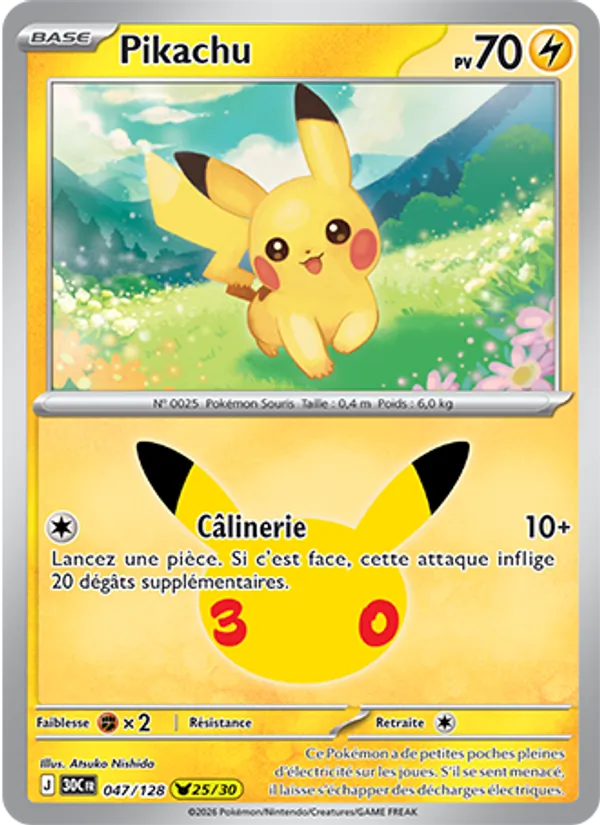 Carte Pokémon Pikachu 047/128 de l'extension 30ᵉ Anniversaire