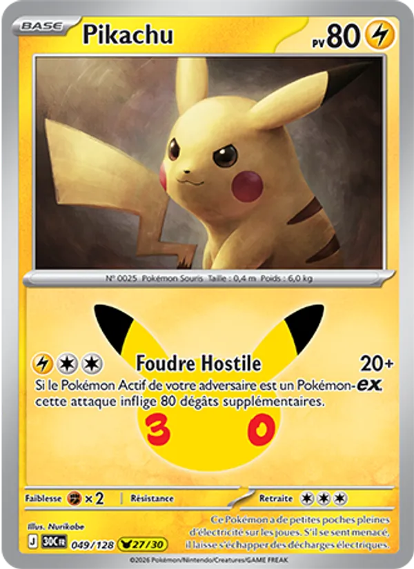 Carte Pokémon Pikachu 049/128 de l'extension 30ᵉ Anniversaire