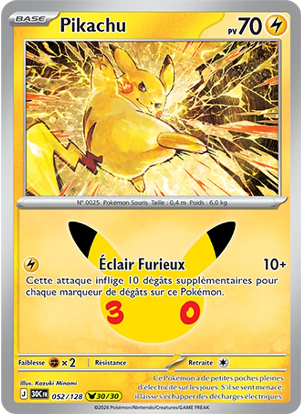 Carte Pokémon Pikachu 052/128 de l'extension 30ᵉ Anniversaire