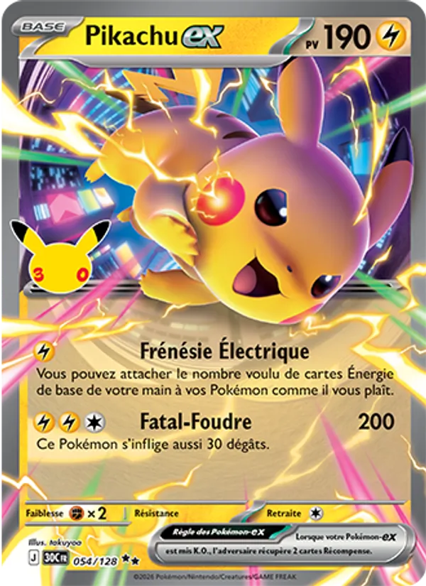 Carte Pokémon Pikachu-ex 054/128 de l'extension 30ᵉ Anniversaire