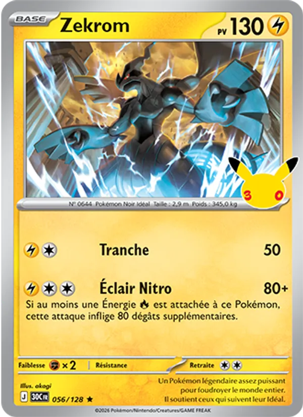 Carte Pokémon Zekrom 056/128 de l'extension 30ᵉ Anniversaire