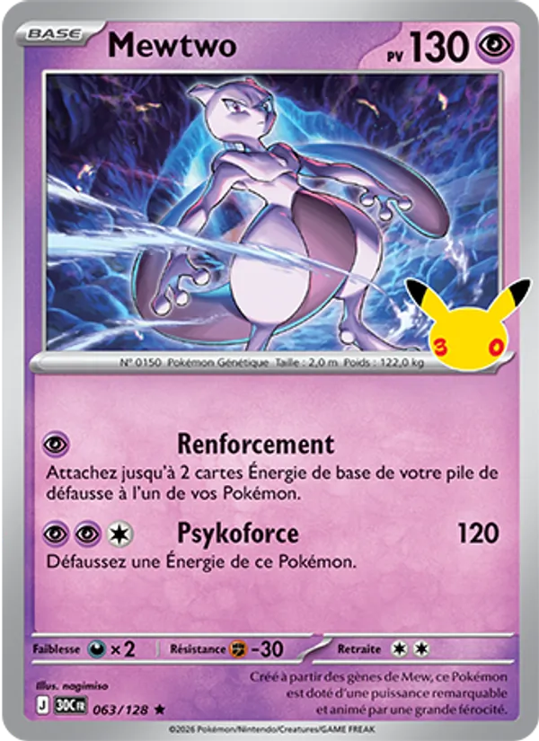Carte Pokémon Mewtwo 063/128 de l'extension 30ᵉ Anniversaire