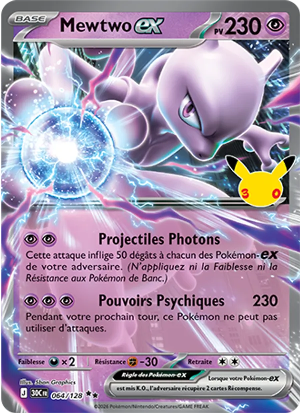 Carte Pokémon Mewtwo-ex 064/128 de l'extension 30ᵉ Anniversaire