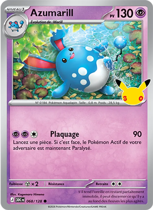 Carte Pokémon Azumarill 068/128 de l'extension 30ᵉ Anniversaire