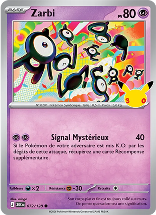 Carte Pokémon Zarbi 072/128 de l'extension 30ᵉ Anniversaire