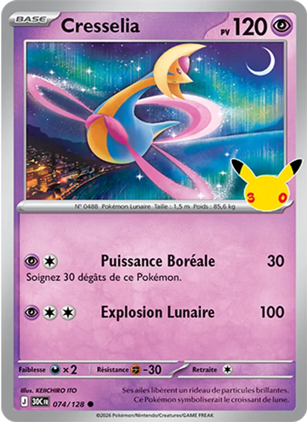 Carte Pokémon Cresselia 074/128 de l'extension 30ᵉ Anniversaire