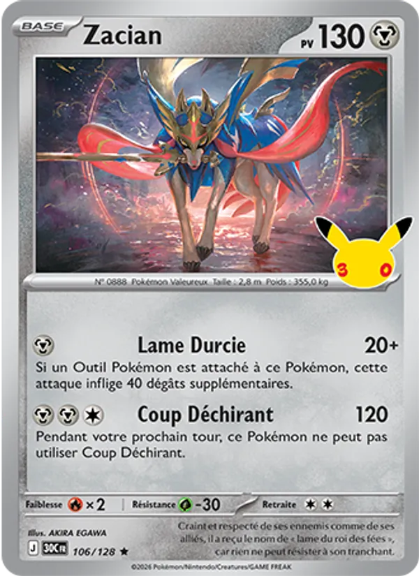 Carte Pokémon Zacian 106/128 de l'extension 30ᵉ Anniversaire
