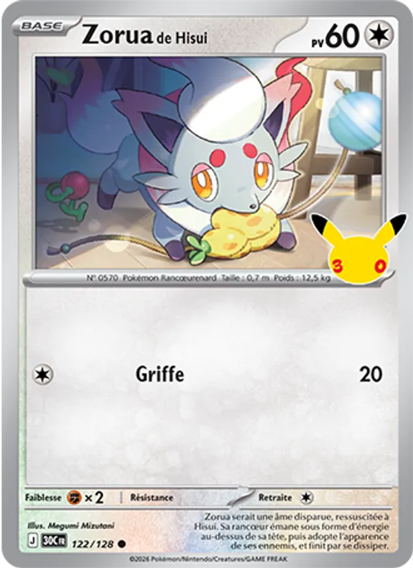 Carte Pokémon Zorua de Hisui 122/128 de l'extension 30ᵉ Anniversaire