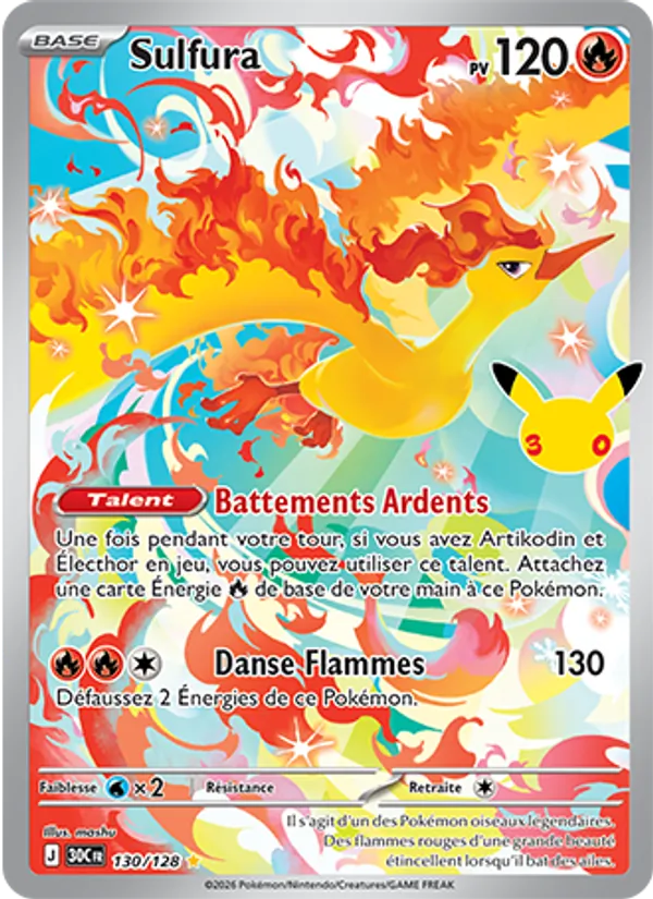 Carte Pokémon Sulfura 130/128 de l'extension 30ᵉ Anniversaire