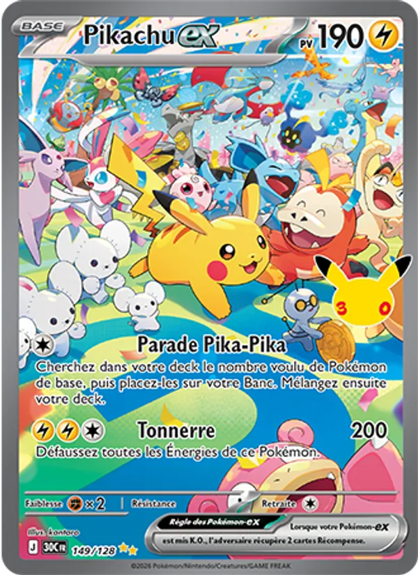 Carte Pokémon Pikachu-ex 149/128 de l'extension 30ᵉ Anniversaire