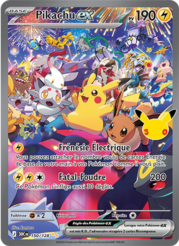 Carte Pokémon Pikachu-ex 150/128 de l'extension 30ᵉ Anniversaire