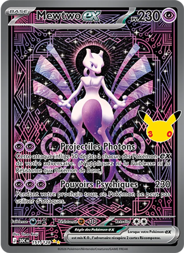 Carte Pokémon Mewtwo-ex 151/128 de l'extension 30ᵉ Anniversaire