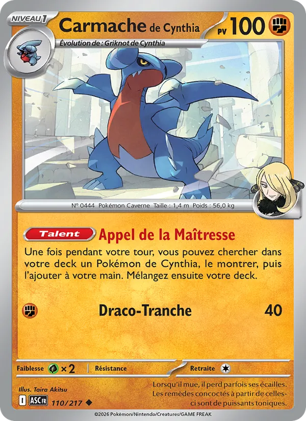 Carte Pokémon Carmache de Cynthia 110/217 de l'extension Héros Transcendants