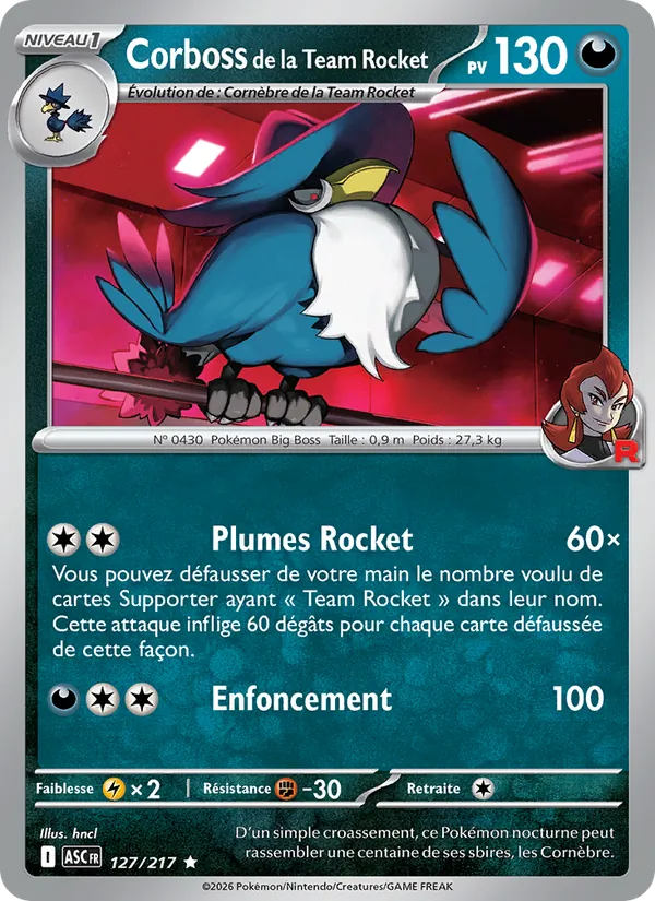 Carte Pokémon Corboss de la Team Rocket 127/217 de l'extension Héros Transcendants