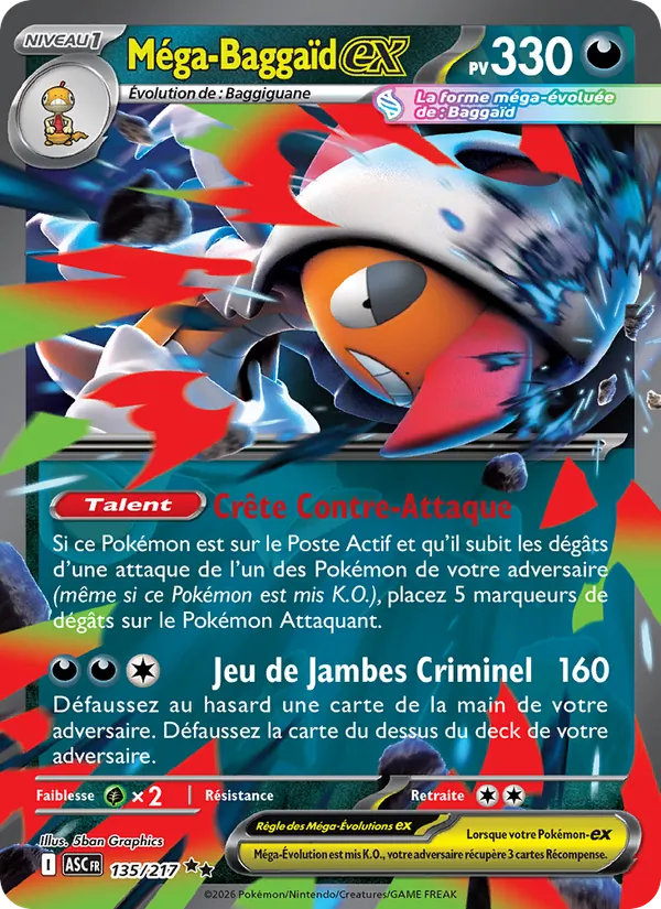 Carte Pokémon Méga-Baggaïd-ex 135/217 de l'extension Héros Transcendants