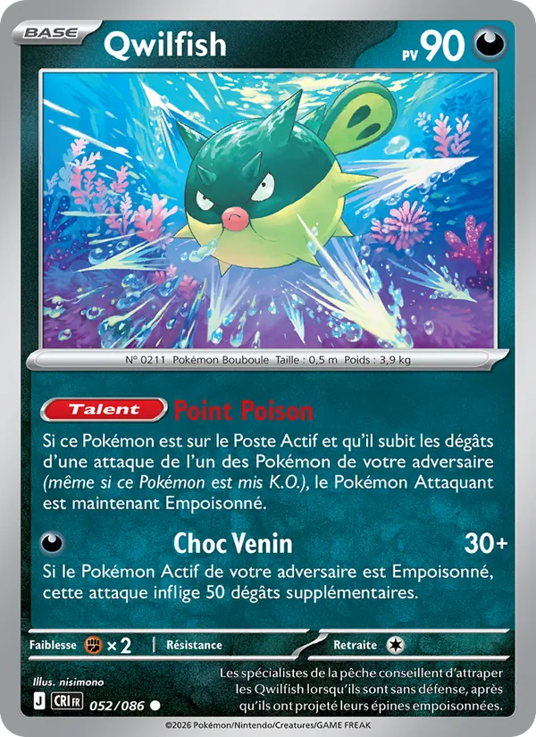Carte Pokémon Qwilfish 052/86 de l'extension Chaos Ascendant