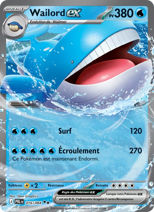 Carte Pokémon Wailord-ex 016/84 de l'extension Nuit Noire