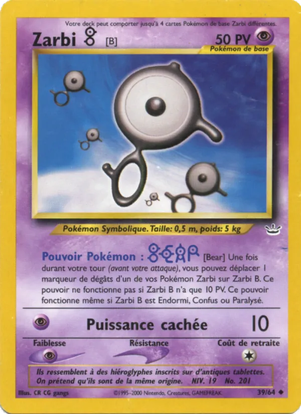 Carte Pokémon Zarbi B 39/64 de l'extension Neo Revelation
