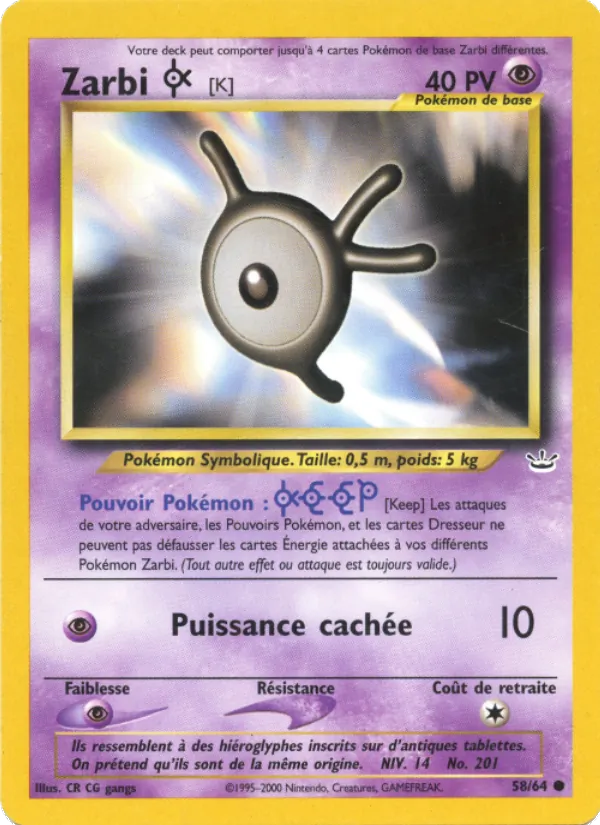 Carte Pokémon Zarbi K 58/64 de l'extension Neo Revelation
