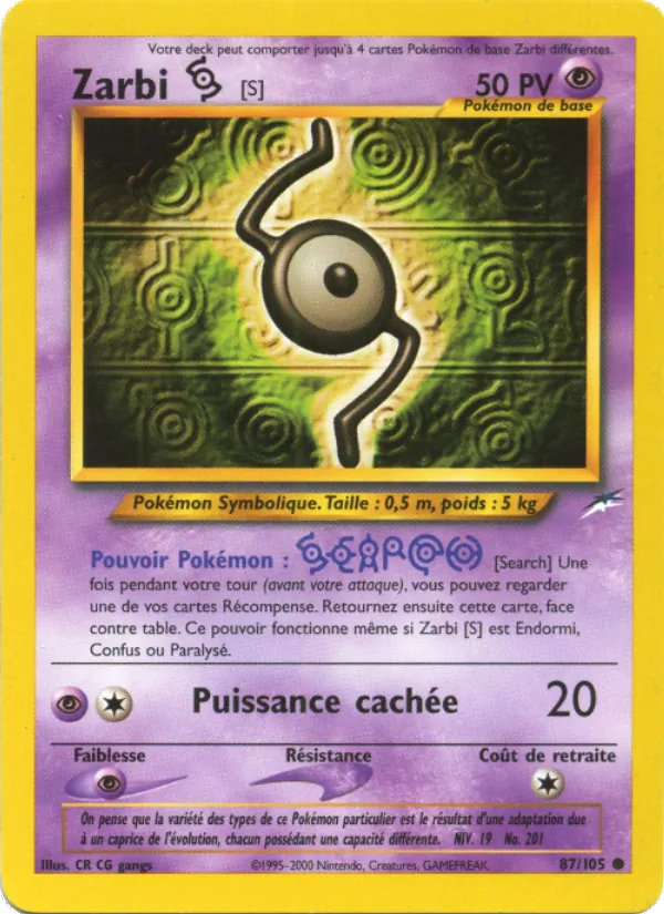 Carte Pokémon Zarbi S 87/105 de l'extension Neo Destiny