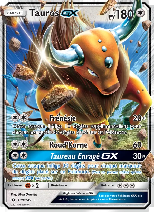 Carte Pokémon Tauros GX 100/149 de l'extension Soleil et Lune