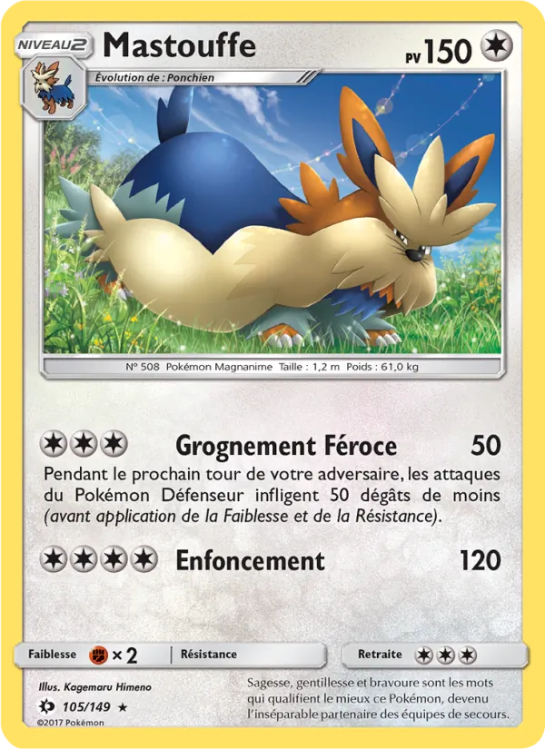 Carte Pokémon Mastouffe 105/149 de l'extension Soleil et Lune