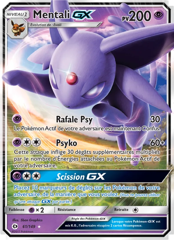Carte Pokémon Mentali GX 61/149 de l'extension Soleil et Lune