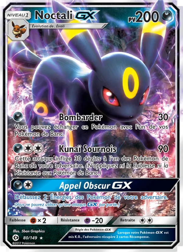 Carte Pokémon Noctali GX 80/149 de l'extension Soleil et Lune