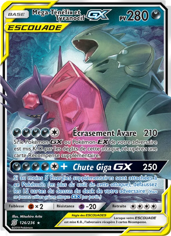 Carte Pokémon Méga-Ténéfix et Tyranocif GX 126/236 de l'extension Harmonie des Esprits