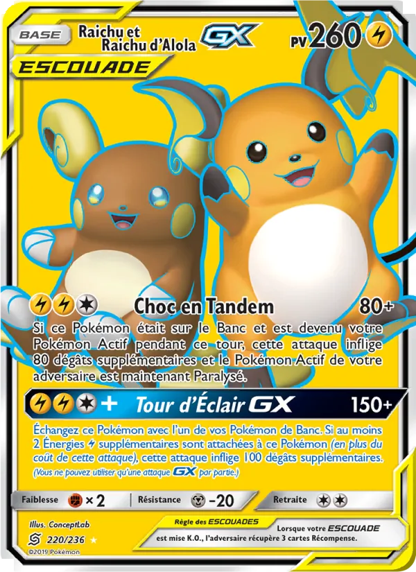 Carte Pokémon Raichu et Raichu d’Alola GX 220/236 de l'extension Harmonie des Esprits