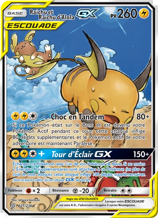 Carte Pokémon Raichu et Raichu d’Alola GX 221/236 de l'extension Harmonie des Esprits