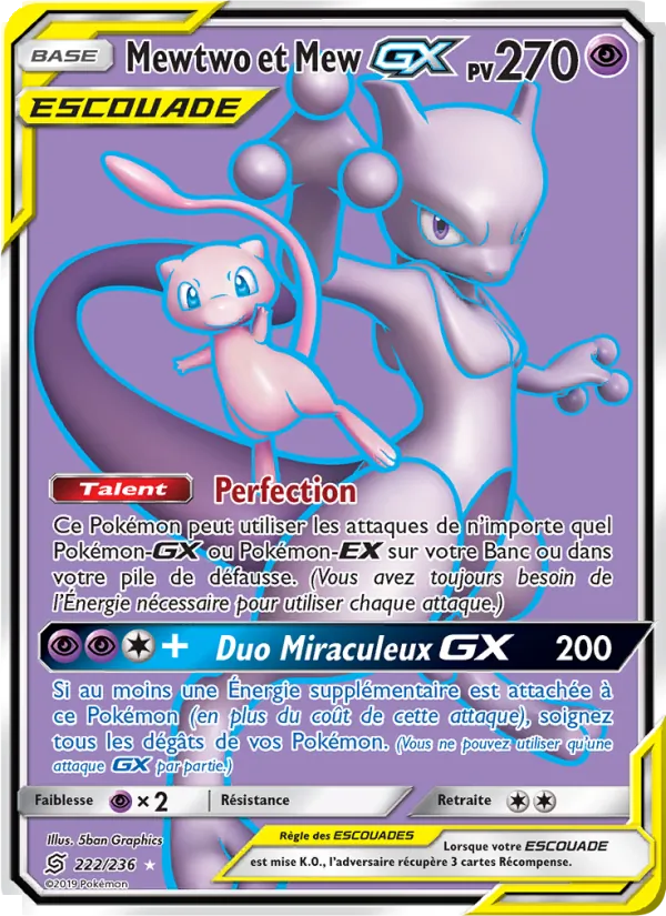 Carte Pokémon Mewtwo et Mew GX 222/236 de l'extension Harmonie des Esprits