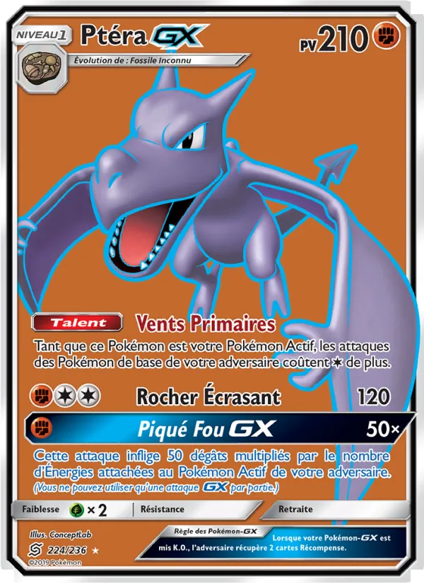 Carte Pokémon Ptéra GX 224/236 de l'extension Harmonie des Esprits
